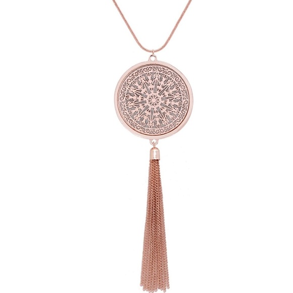 MOLOCH Tassel Fringe Circle Pendent Druzy Background Long Necklace - Picture 1 of 6